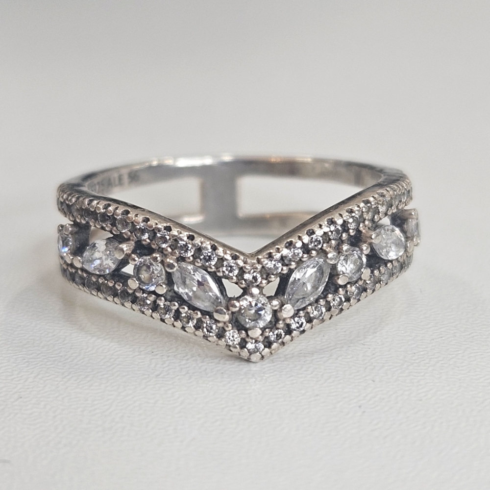 PANDORA Sparkling Marquise Double Wishbone 925 Sterling Silver Ring 7.5